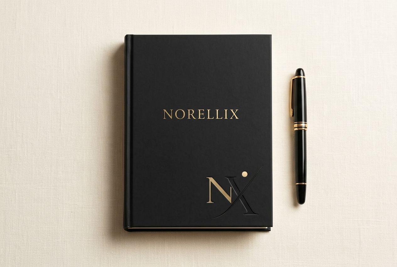 A linen notebook with the Norellix wordmark and a slim gold pen resting on warm ivory linen