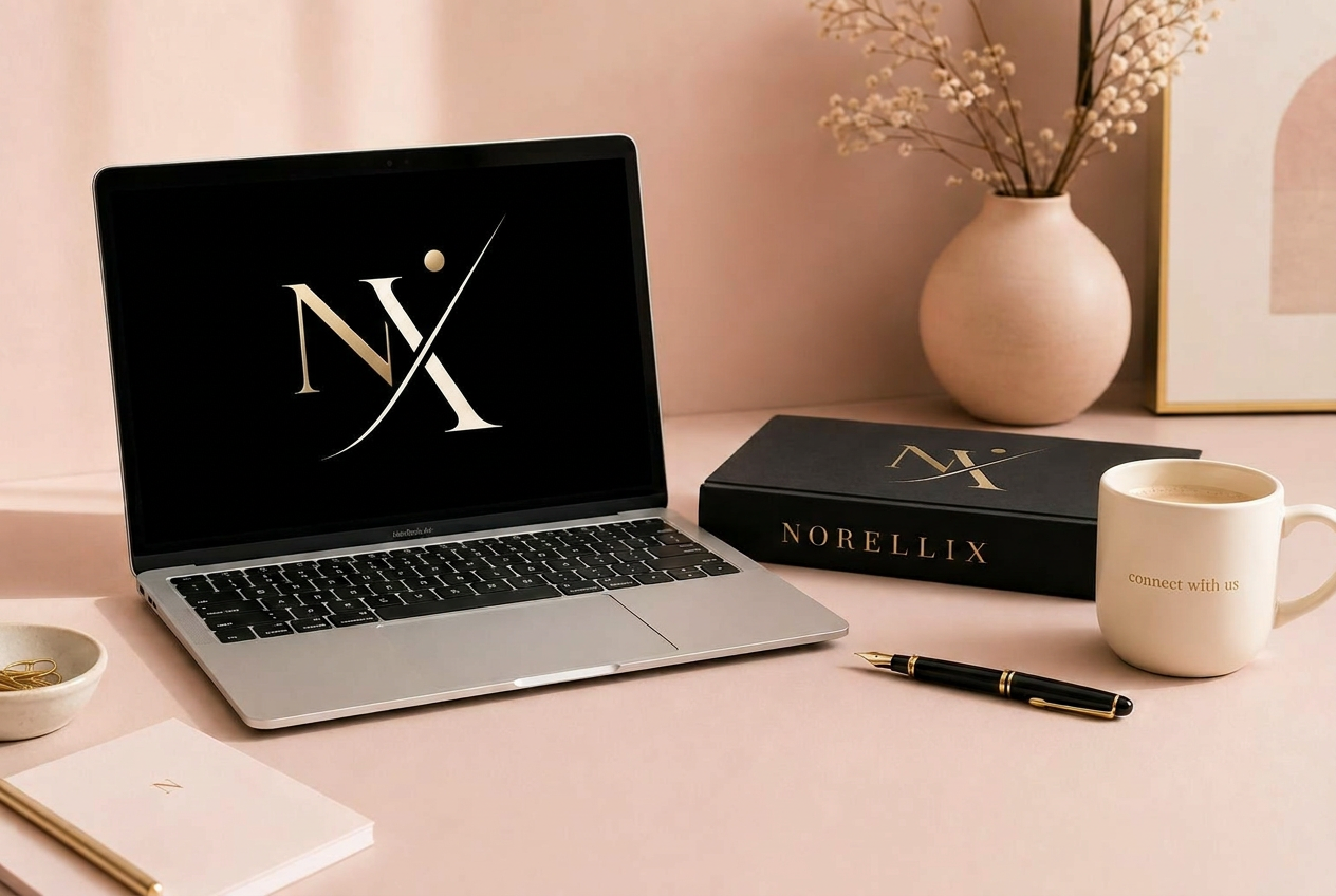 A modern matte black Norellix book embossed with the brand wordmark in gold, beside a slim black-and-gold pen on a soft blush background