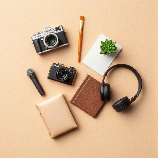 A creative flat-lay of camera, microphone, headphones, books and a small plant — representing creators across many niches